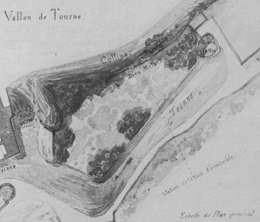 Plan of the mithraeum at Bourg St Andéol by F. Revoil (1854). The tauroctony was at the end of the dotted line.