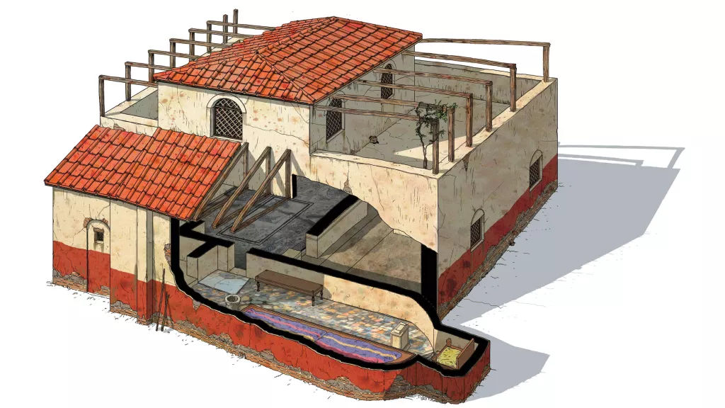 In this reconstruction of the Mithraeum of Colored Marbles the spelaeum, the most important room in the mithraeum, is shown on the bottom level.