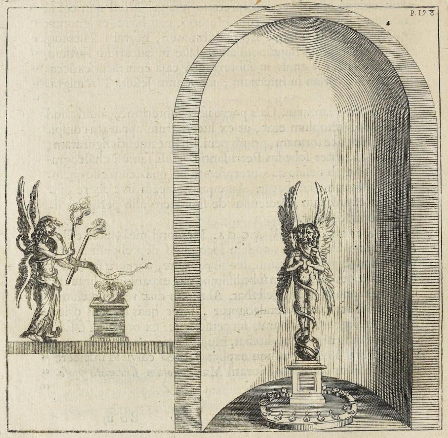 Utpictura18 Lion-headed statue of winged Mithra with snake (Montfaucon, Diarium Italicum, 1702)