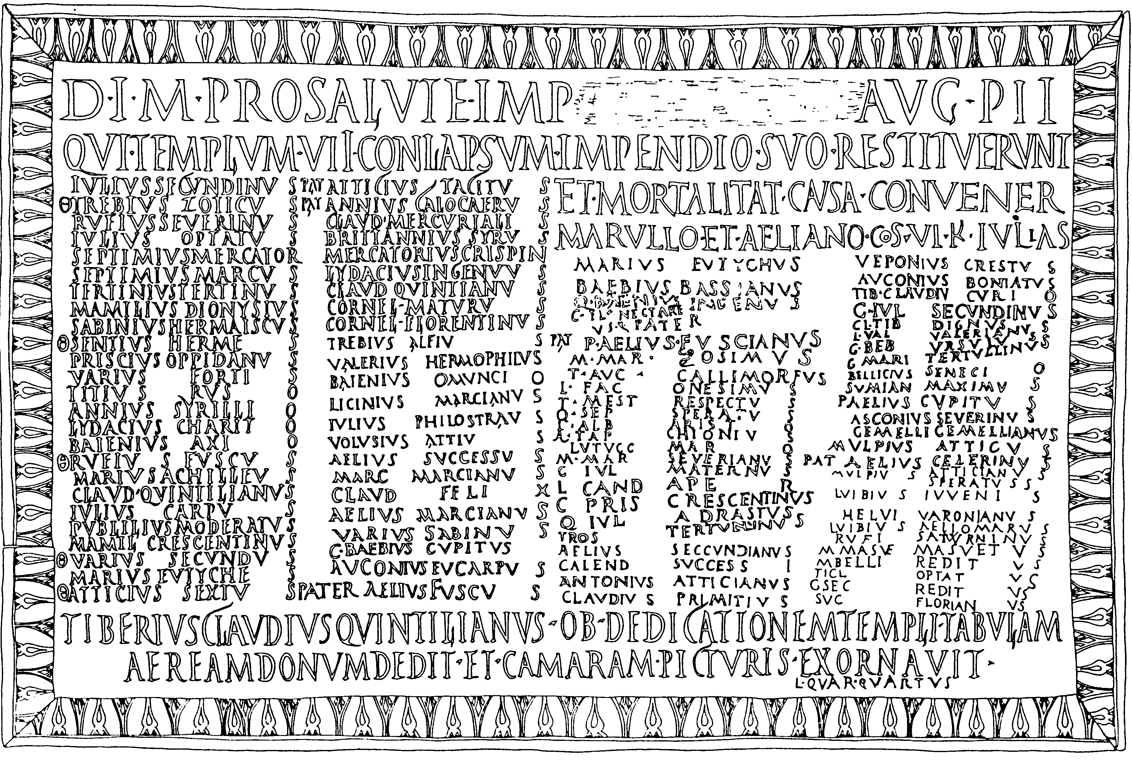 Drawing of the plaque with list of Mithraic fellows from Virunum
