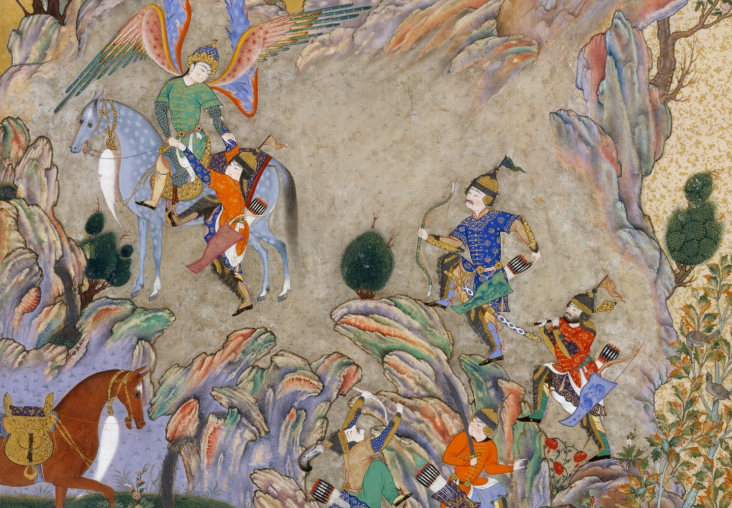 The Angel Surush Rescues Khusrau Parviz from a Cul-de-sac, Folio 708v from the Shahnameh of Shah Tahmasp (c. 1530–1535)